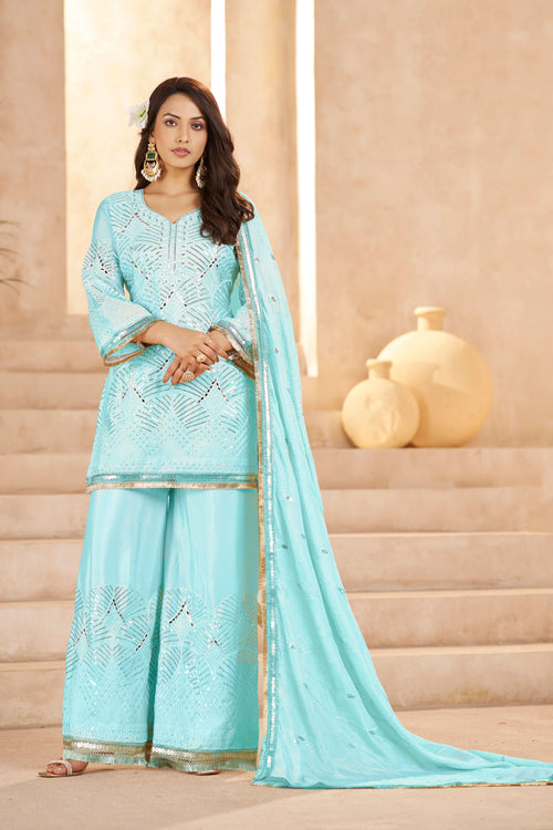 Aqua Blue Embroidered Kurta with Sharara & Dupatta Set