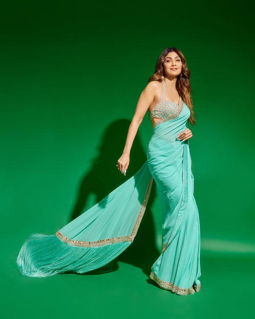 Aqua Breeze Blue Drape Saree with Fringe Pallu