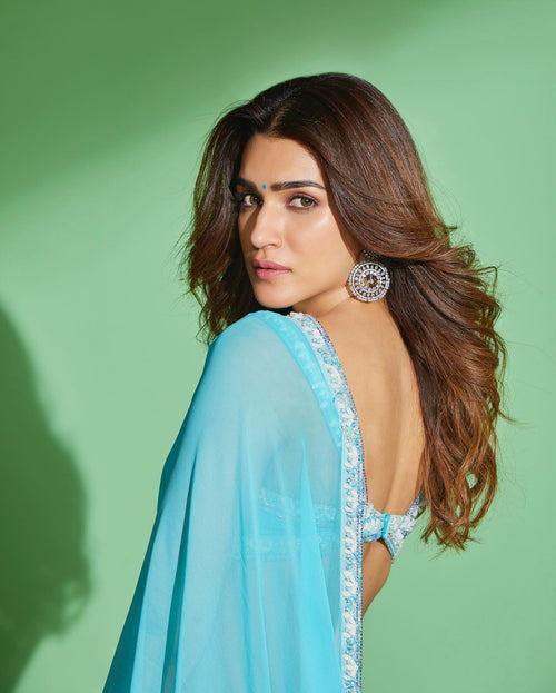 Aqua Celeste Blue Sheer Saree with Crystal-Trim Border