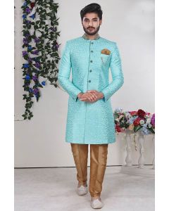 Aqua Blue Jacquard Fabric Party Wear Sherwani with Churidar