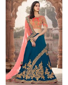 Art Silk Blue and Orange Lehenga Choli with Zari and Stone Work 