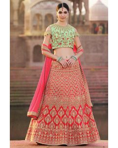 Art Silk Red and Green Lehenga Choli with Resham and Zari Work