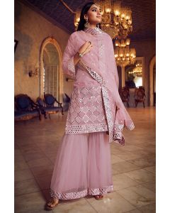 Baby Pink Organza Fabric Party Wear Sharara Suit with Net Dupatta