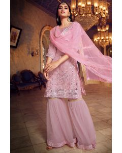 Baby Pink Organza Fabric Party Wear Sharara Suit with Soft Net Dupatta