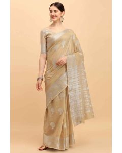 Beige Banarasi Cotton Saree With Wevon Silver Jari