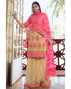 Beige Organza Fabric Party Wear Sharara Suit with Pink Net Dupatta