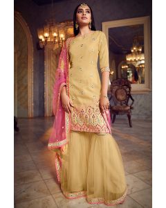 Beige Organza Fabric Party Wear Sharara Suit with Pink Soft Net Dupatta