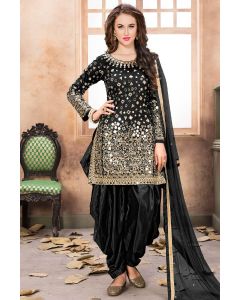 Black Art Silk Party Wear Salwar Kameez with Mirror Work