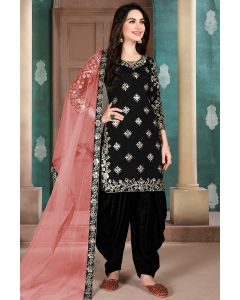 Black Art Silk Salwar Kameez with Net Dupatta