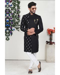 Black Imported Fabric Indo Western with Aligarhi Pant