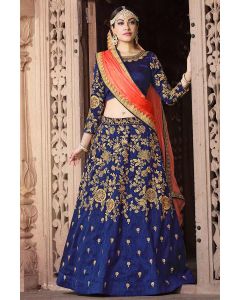 Blue Art Silk Lehenga Choli with Orange Chiffon Dupatta 