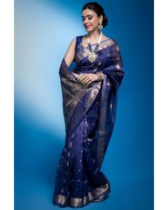 Banarasi Blue Golden Zari Silk Blend Saree