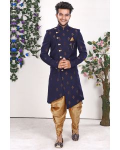 Blue Imported Fabric Party Wear Sherwani with Dupion Churidar 