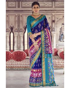 Blue Patola Silk Saree and Sky Blue Blouse For Party  