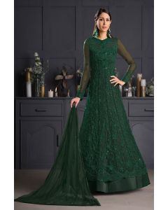 Bottle Green Butterfly Net Partywear Stylish Anarkali Suit