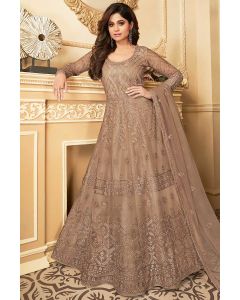 Brown Butterfly Net Diwali Wear Anarkali Suit 