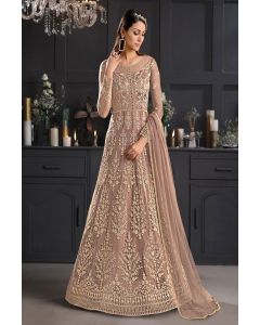 Brown Butterfly Net Partywear Designer Anarkali Suit