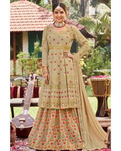 Brown Georgette Embroidered Lehenga with Long Choli