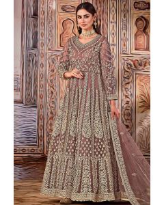 Brown Heavy Designer Wedding Wear Net Gown Suit