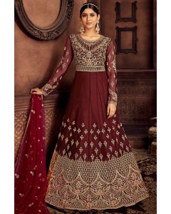 Butterfly Net Embroidered Maroon Anakali Suit