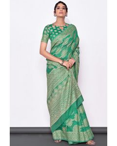 Buy Designer Rama Green Color Lucknowi Cotton Fabric Saree