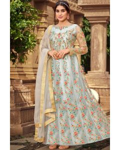 Buy Embroidered Butterfly Net Anarkali Suit in Grey Color