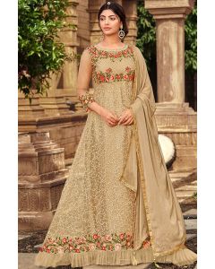 Buy For Eid This Butterfly Net Anarkali Suit in Beige Color