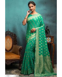 Buy Mehndi Functional Span Cotton Fabric Saree in Sea Green Color