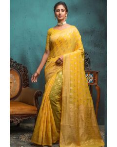 Buy Span Cotton Fabric Indian Saree in Yellow Color