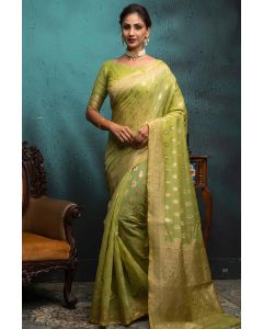 Buy Traditional Span Cotton Fabric Saree in Olive Green Color