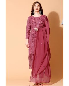 Coral Color Georgette Salwar Kameez with Chiffon Dupatta