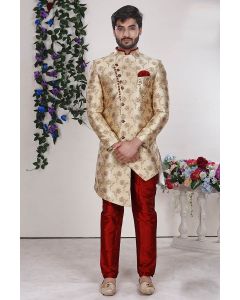 Cream Color Jacquard Fabric Sherwani with Aligarhi Pant For Wedding