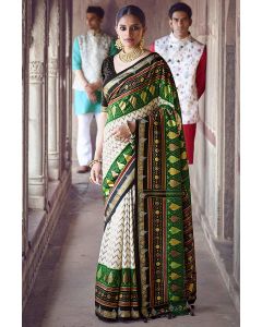Cream Colour Patola Silk Saree and Black Blouse For Party