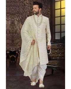 Cream Designing Art Silk Groom Wear Sherwani with Net Dupatta