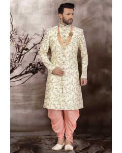 Cream Designing Art Silk Party Wear Sherwani 