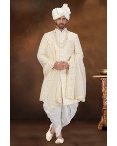 Cream Designing Art Silk Sherwani with Net Dupatta