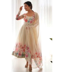 Cream Faux Georgette Floral Print Gown