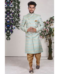 Cream Jacquard Fabric Party Wear Sherwani with Dupion Dhoti