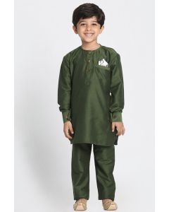 Dark Green Cotton Silk Blend Kurta Pajama For Diwali