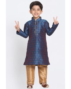 Deep Blue Cotton Silk Blend Kurta and Gold Pajama For Diwali
