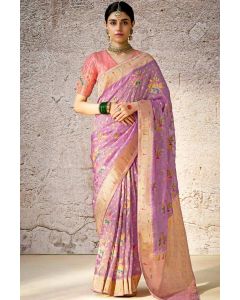 Designer Lavender Banarasi Silk Saree with Pink Embroidered Blouse