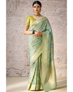 Designer Mint Green Banarasi Silk Saree with Yellow Embroidered Blouse