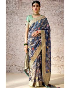 Designer Navy Blue Banarasi Silk Saree with Green Embroidered Blouse