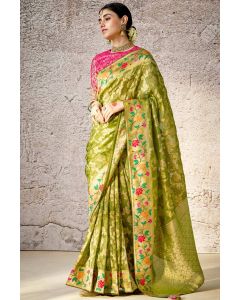 Designer Olive Green Banarasi Silk Saree with Intricate Floral Embroidery - Perfect for Weddings and Festive Celebrations