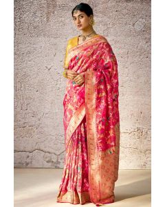 Designer Pink Banarasi Silk Saree with Yellow Embroidered Blouse