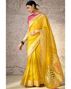 Designer Yellow Banarasi Silk Saree with Pink Embroidered Blouse