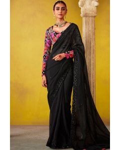 Black Chiffon Saree with Floral Embroidery and Beadwork