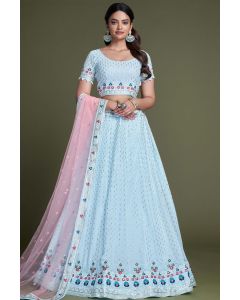 Embroidered Georgette Lehenga Choli in Sky Blue Color