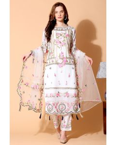 Georgette Cream Color Salwar Kameez with Net Dupatta