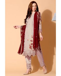 Georgette Grey Color Salwar Kameez with Chiffon Red Dupatta